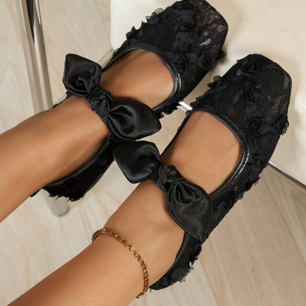 Black Elegant Women's Flower Big Bow Decor Flats - Picture 4 of 6